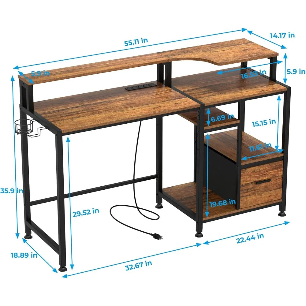 Computer Desk with Drawers and Outlets