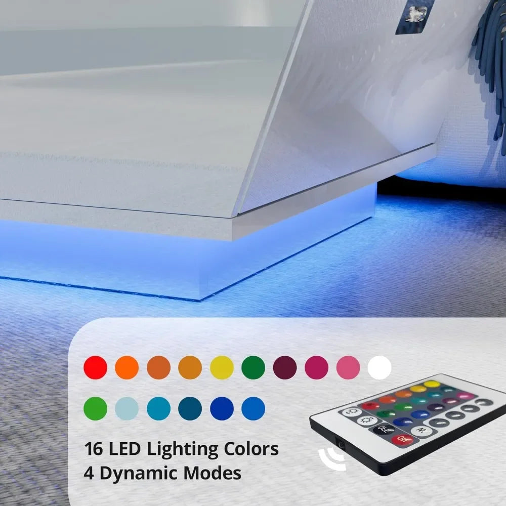 High Gloss Coffee Table with LED, White, 47.2" W x 23.6" D x 13.4" H