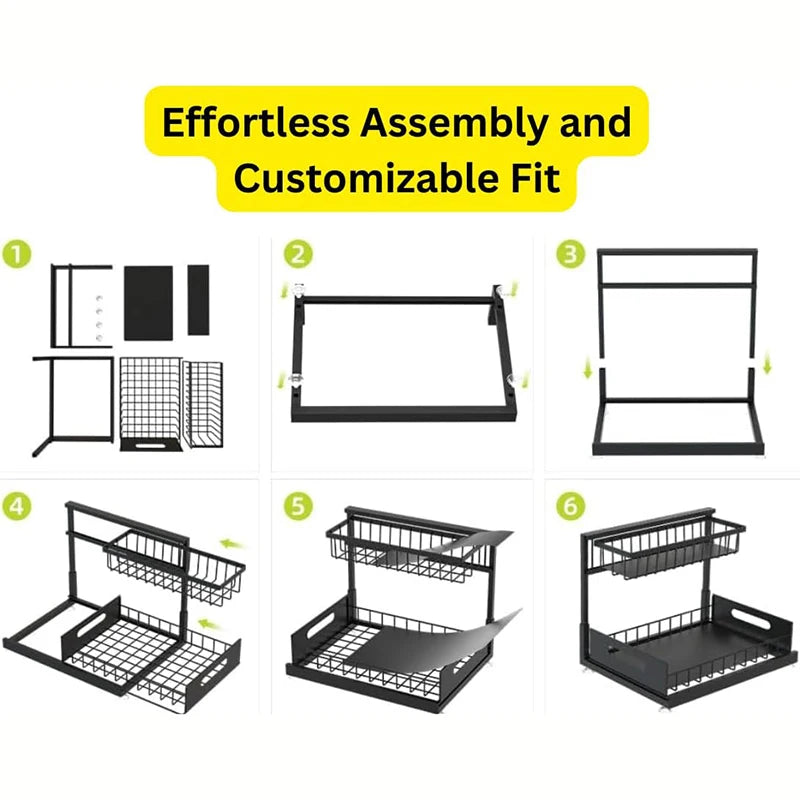 Under Cabinet Organizer - 2-Tier Sliding Shelf Organizer for Kitchen & Bathroom, Space Saver, Easy Install