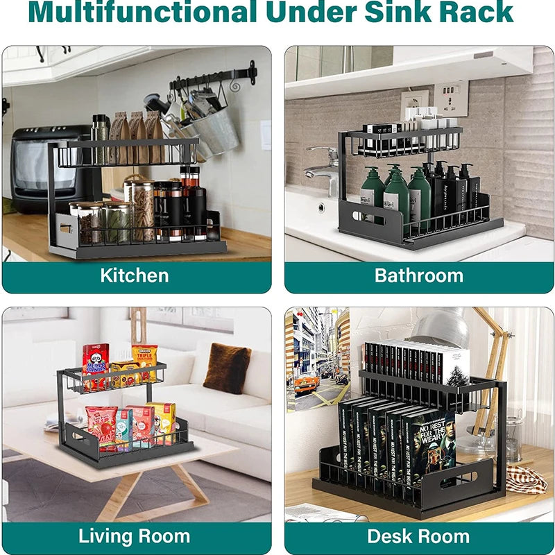 Under Cabinet Organizer - 2-Tier Sliding Shelf Organizer for Kitchen & Bathroom, Space Saver, Easy Install