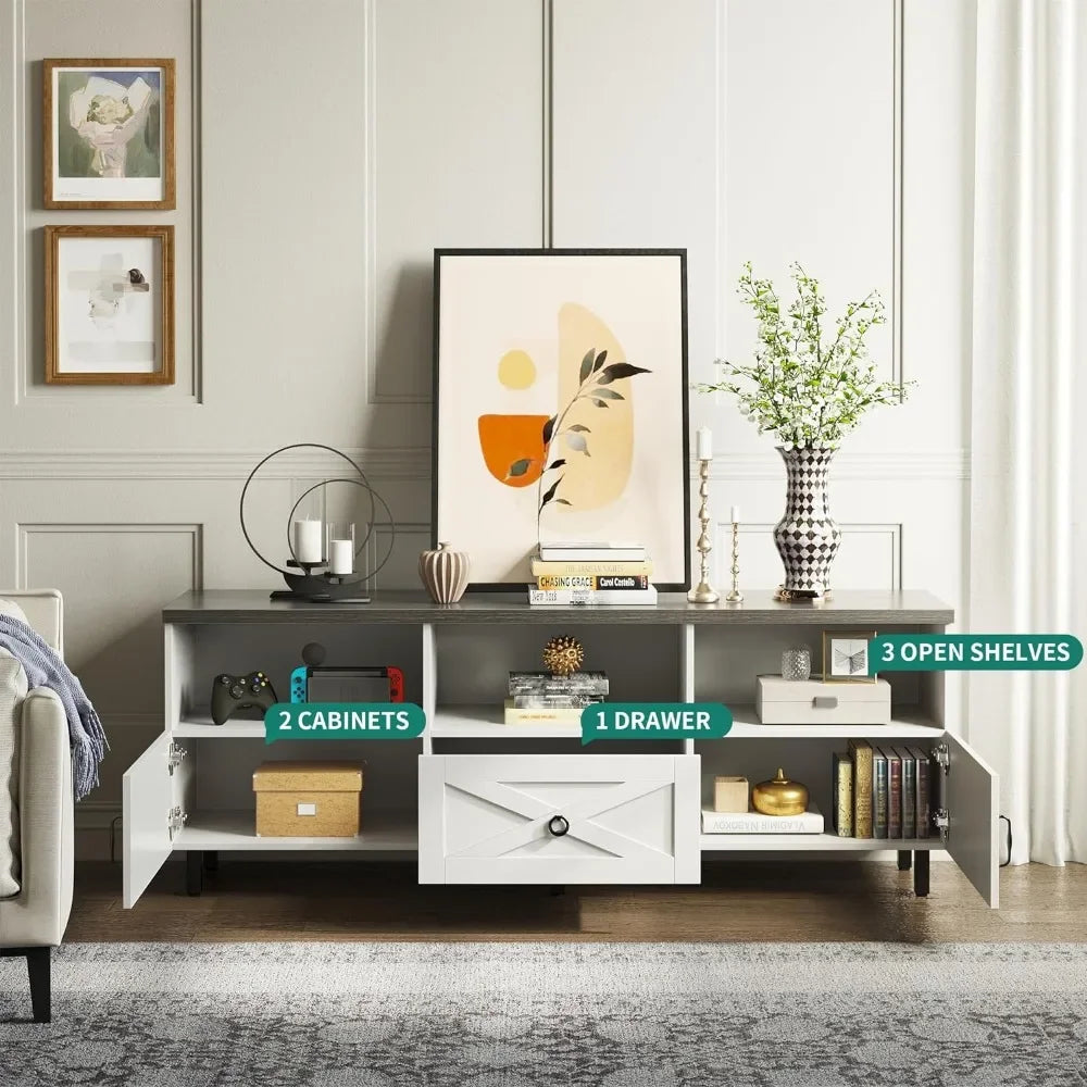 TV Stand for 70/65/60/55inch, Wood TVs Tables Farmhouse Media Console with Storage Cabinet and Open Shelves, TV Stand