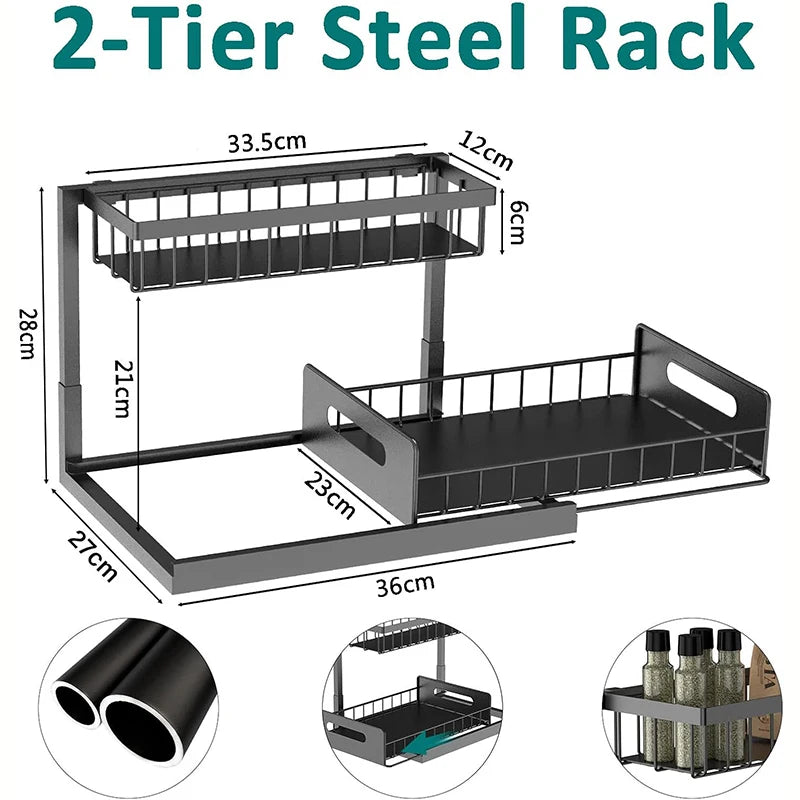 Under Cabinet Organizer - 2-Tier Sliding Shelf Organizer for Kitchen & Bathroom, Space Saver, Easy Install