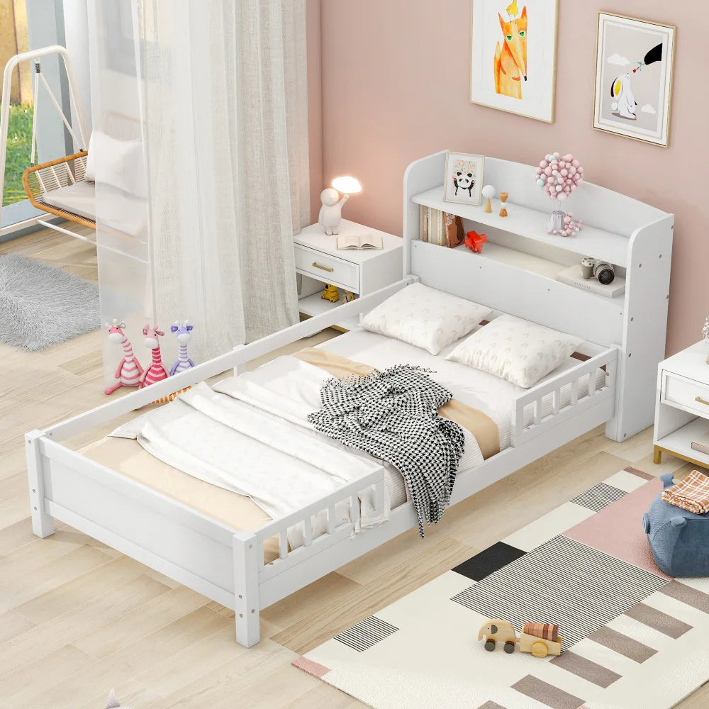 Wood Twin Size Platform Bed with Built-in LED Light, Storage Headboard and Guardrail, White, Beds