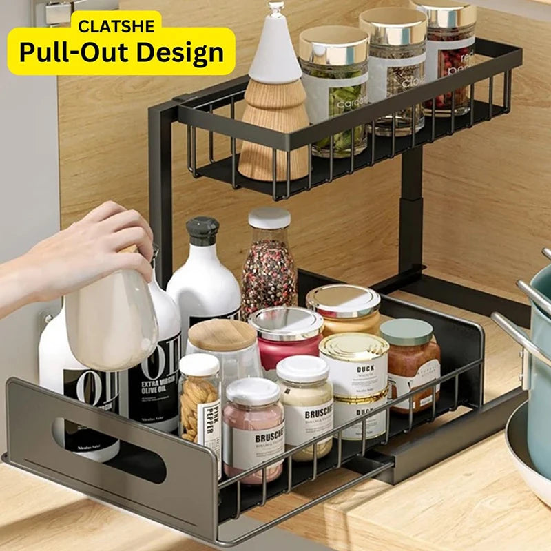 Under Cabinet Organizer - 2-Tier Sliding Shelf Organizer for Kitchen & Bathroom, Space Saver, Easy Install