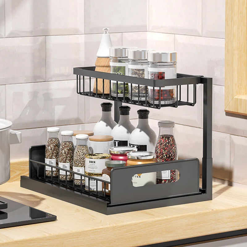 Under Cabinet Organizer - 2-Tier Sliding Shelf Organizer for Kitchen & Bathroom, Space Saver, Easy Install
