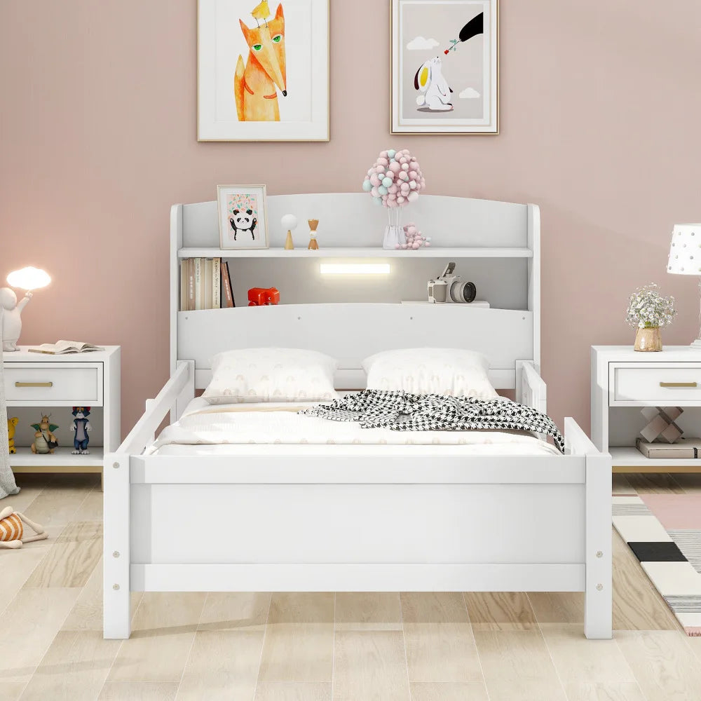 Wood Twin Size Platform Bed with Built-in LED Light, Storage Headboard and Guardrail, White, Beds