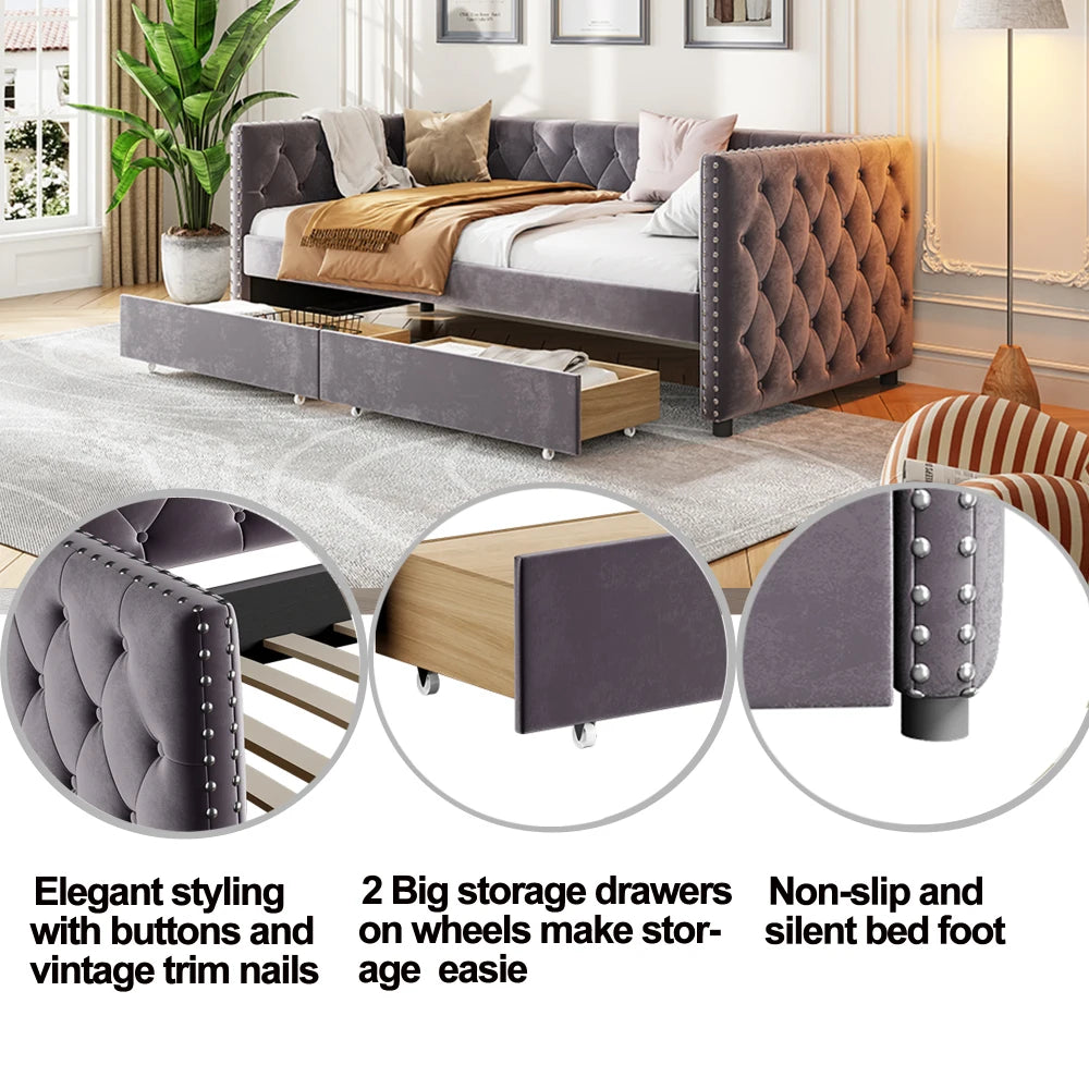 Modern velvet upholstered sofa bed with button tufted sofa bed frame with double drawers, bedroom living room furniture, Beds