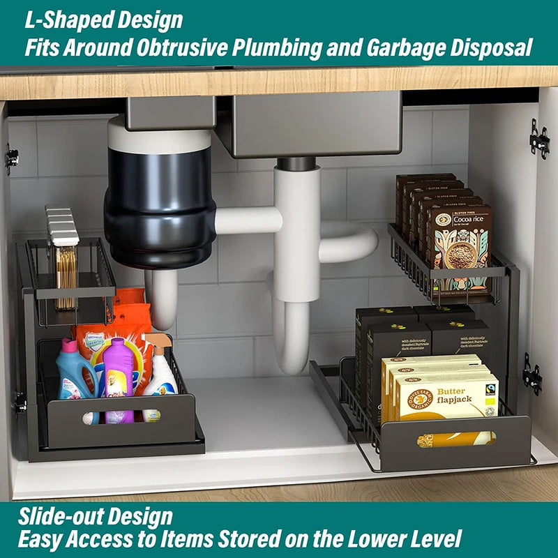 Under Cabinet Organizer - 2-Tier Sliding Shelf Organizer for Kitchen & Bathroom, Space Saver, Easy Install
