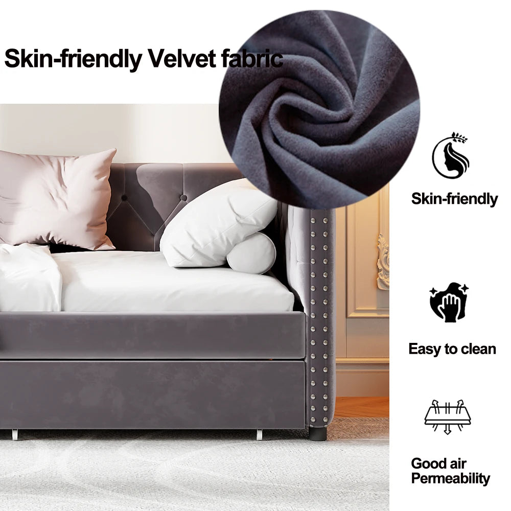 Modern velvet upholstered sofa bed with button tufted sofa bed frame with double drawers, bedroom living room furniture, Beds