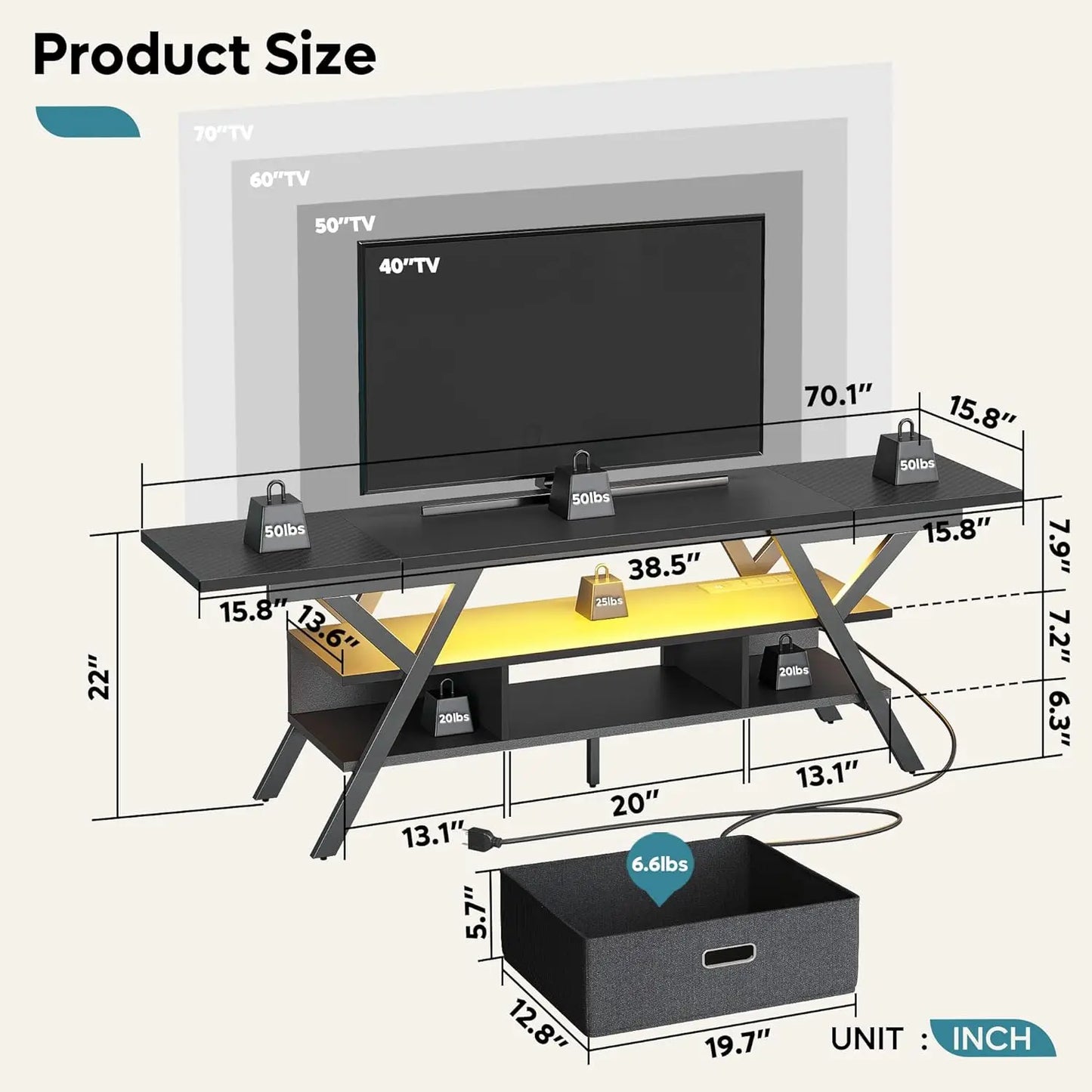 Gaming TV Stands for Living Room with Power Outlet, Fiber Black