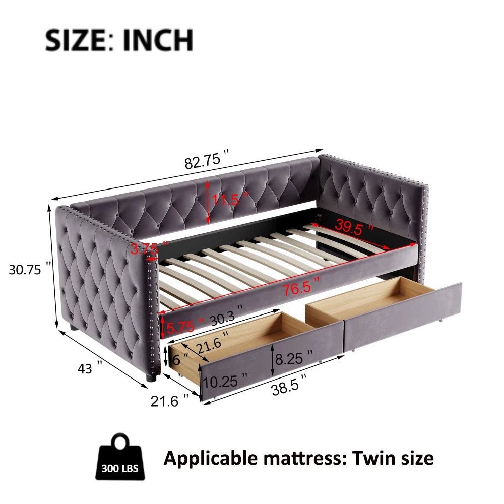 Modern velvet upholstered sofa bed with button tufted sofa bed frame with double drawers, bedroom living room furniture, Beds