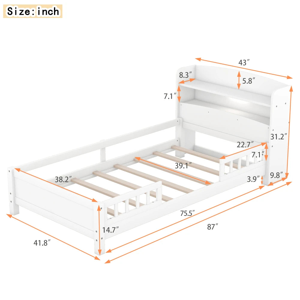 Wood Twin Size Platform Bed with Built-in LED Light, Storage Headboard and Guardrail, White, Beds