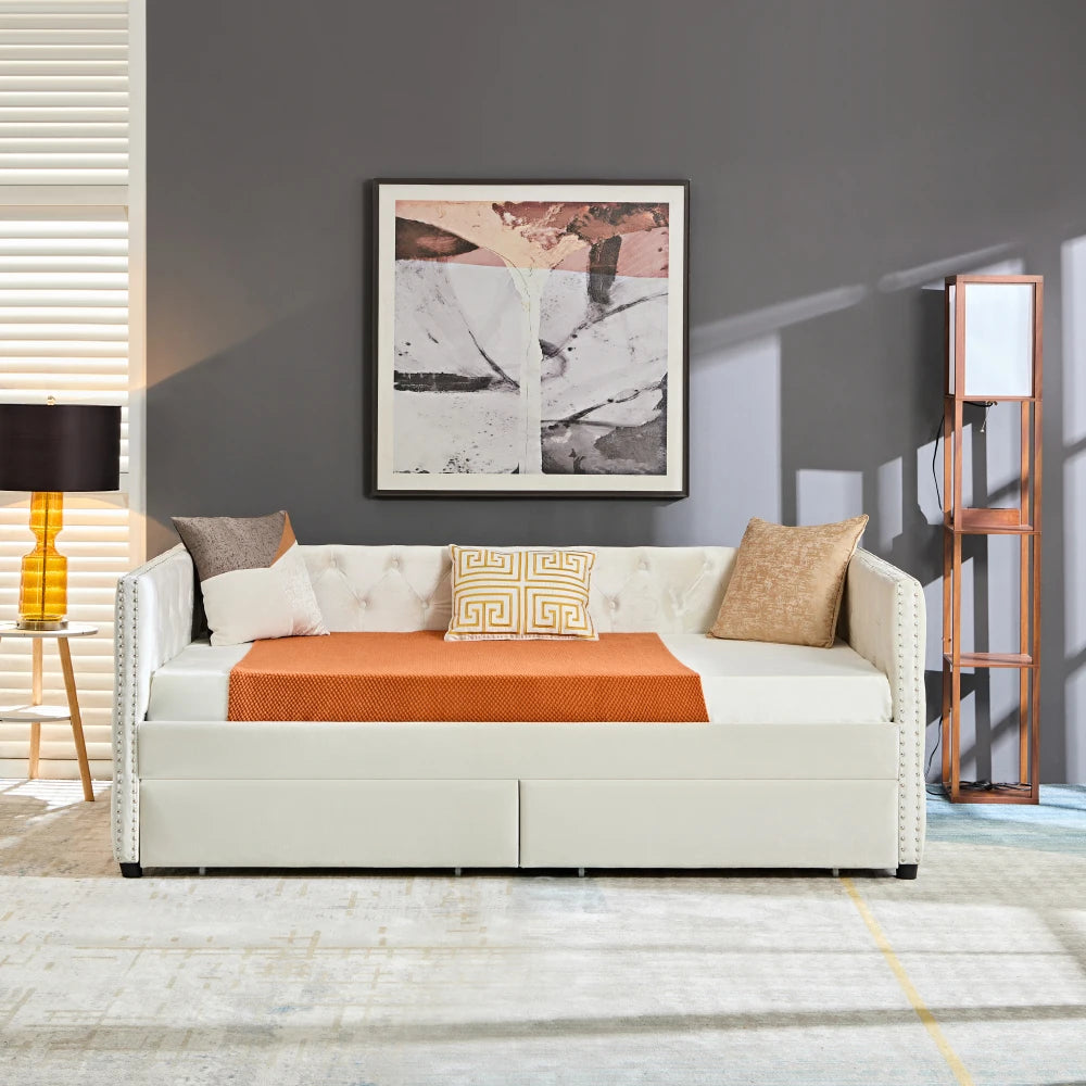 Modern velvet upholstered sofa bed with button tufted sofa bed frame with double drawers, bedroom living room furniture, Beds