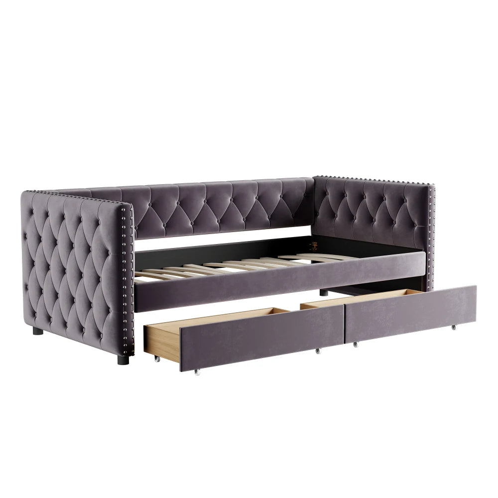 Modern velvet upholstered sofa bed with button tufted sofa bed frame with double drawers, bedroom living room furniture, Beds