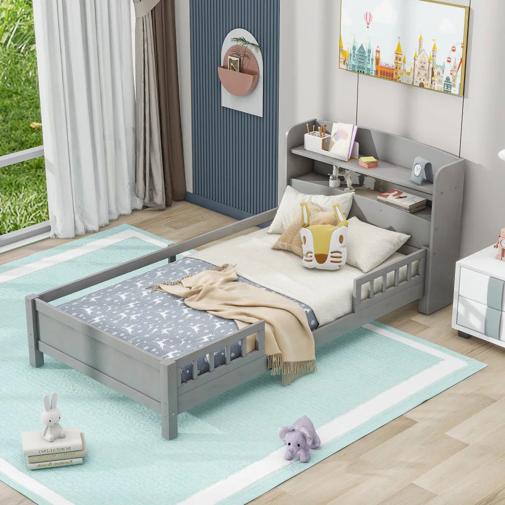 Wood Twin Size Platform Bed with Built-in LED Light, Storage Headboard and Guardrail, White, Beds