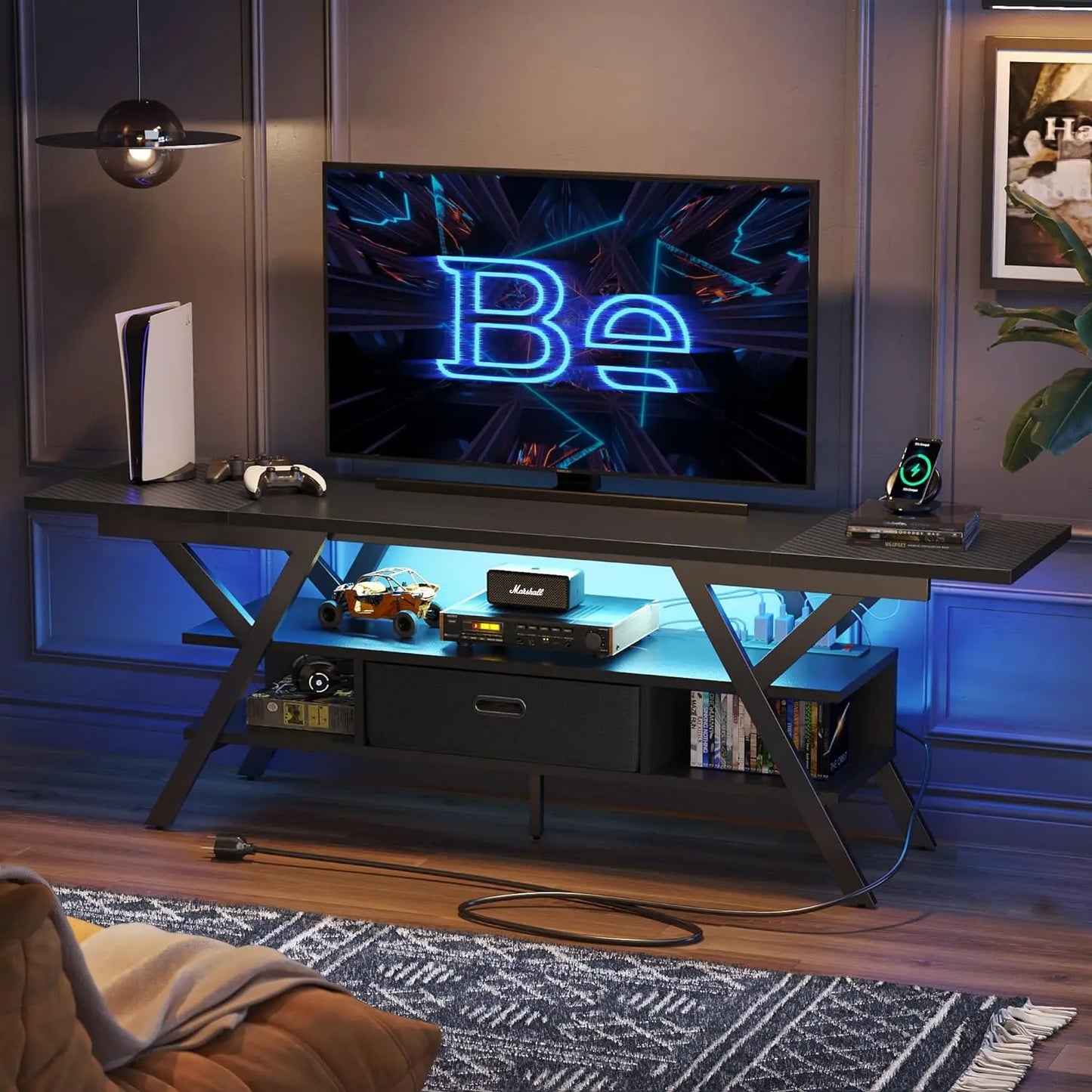 Gaming TV Stands for Living Room with Power Outlet, Fiber Black
