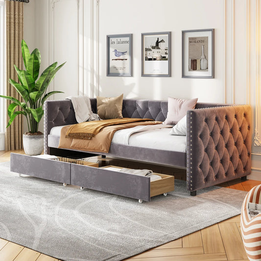 Modern velvet upholstered sofa bed with button tufted sofa bed frame with double drawers, bedroom living room furniture, Beds