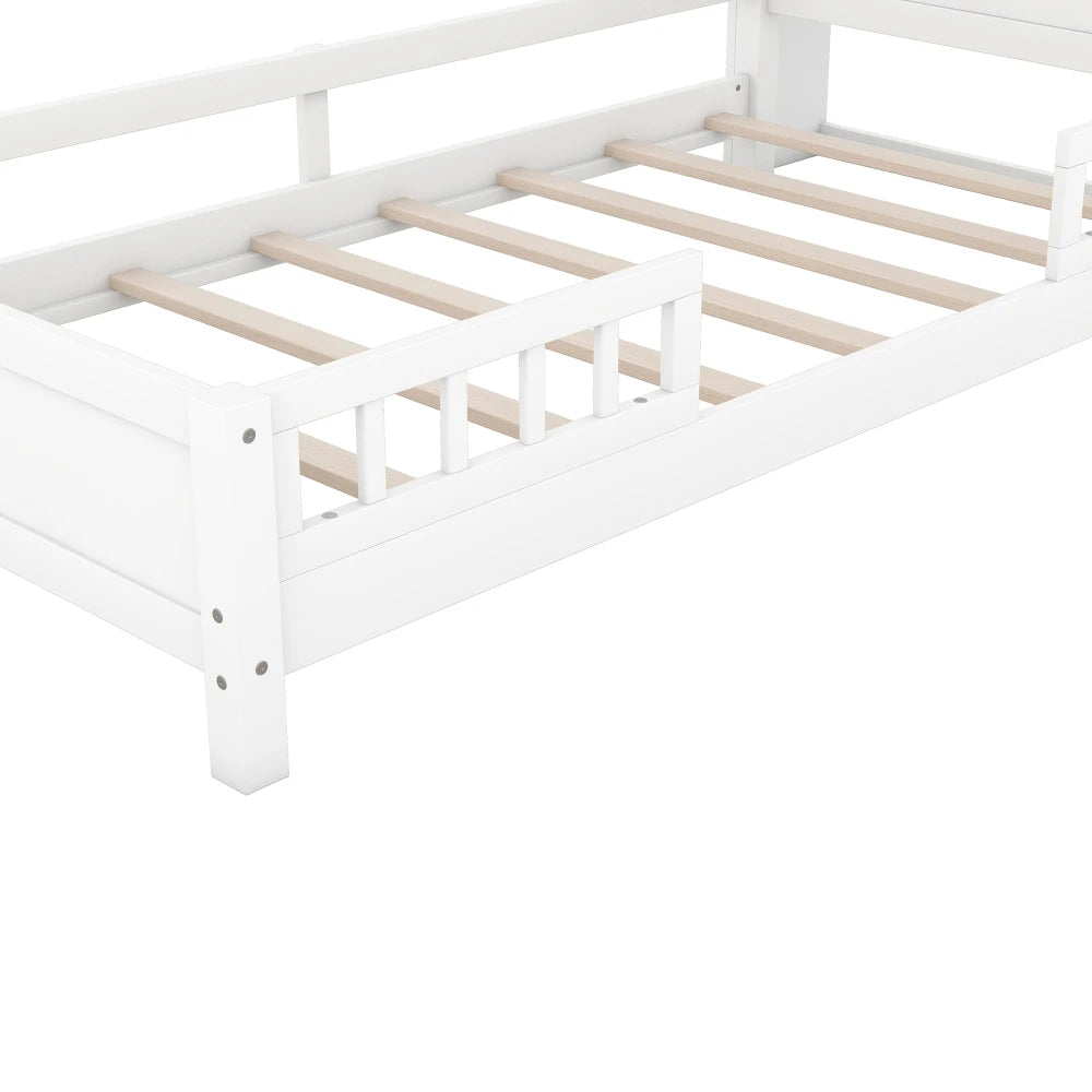 Wood Twin Size Platform Bed with Built-in LED Light, Storage Headboard and Guardrail, White, Beds