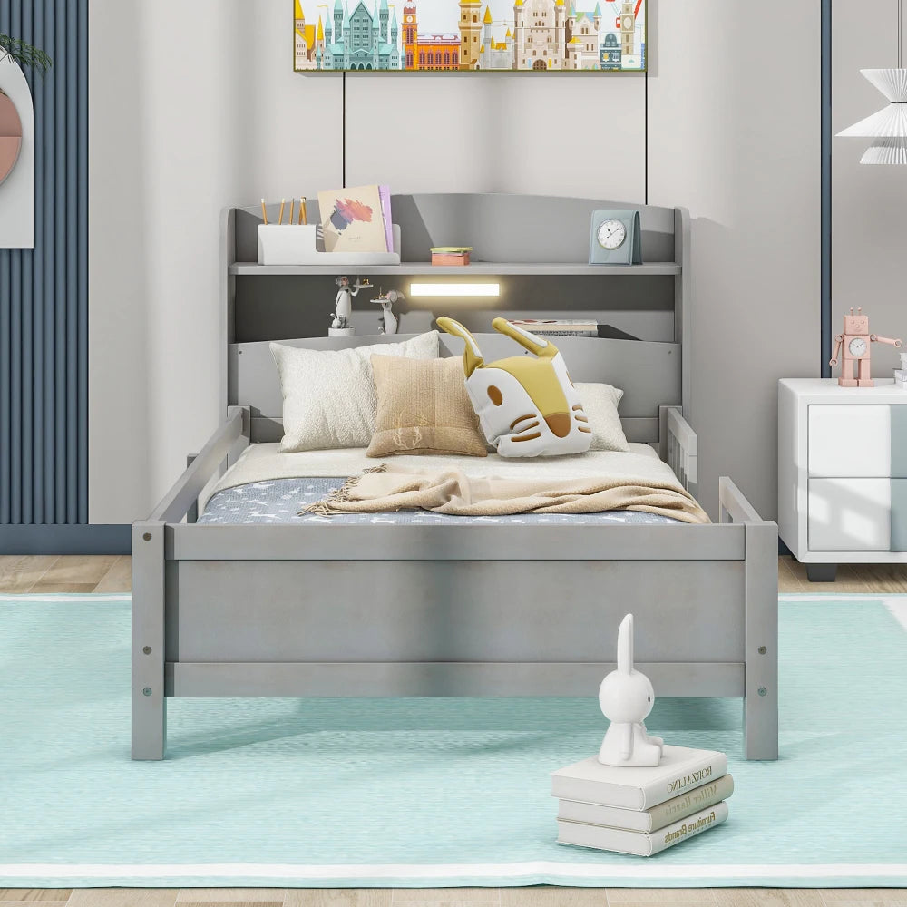 Wood Twin Size Platform Bed with Built-in LED Light, Storage Headboard and Guardrail, White, Beds